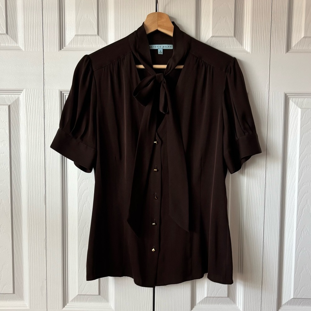 Antonio Melani Silk Bow-Tie & Gold Button Up Blouse with Tailored Short Sleeves